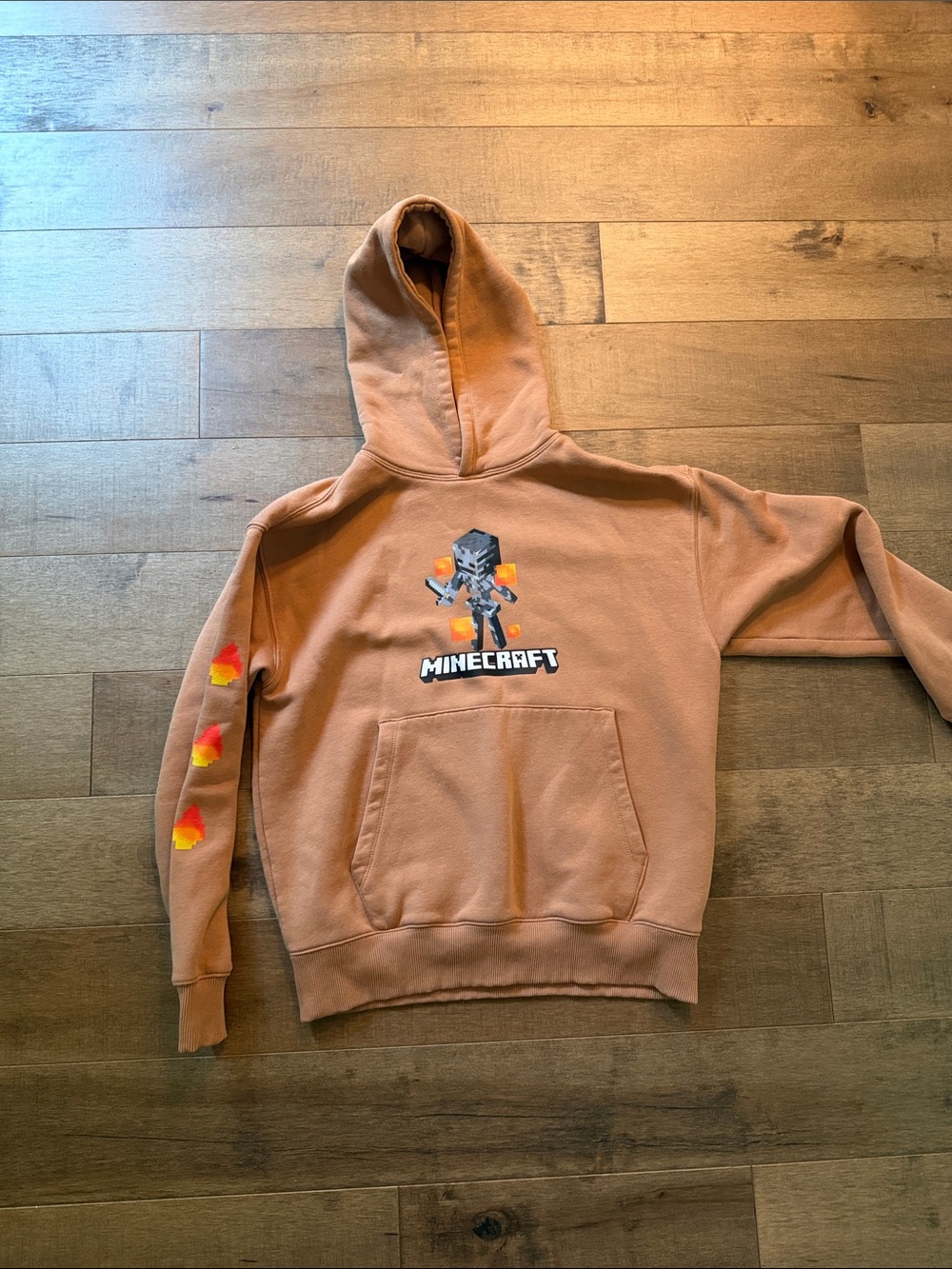 🎉Zara Kids Tan Minecraft Hoodie with Orange and Red Flame Accents